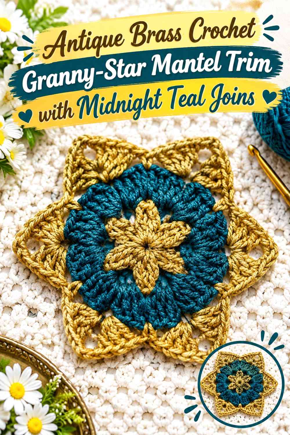 Antique Brass Crochet Granny-Star Mantel Trim with Midnight Teal Joins