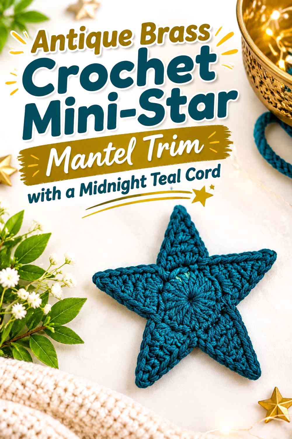 Antique Brass Crochet Mini-Star Mantel Trim with a Midnight Teal Cord