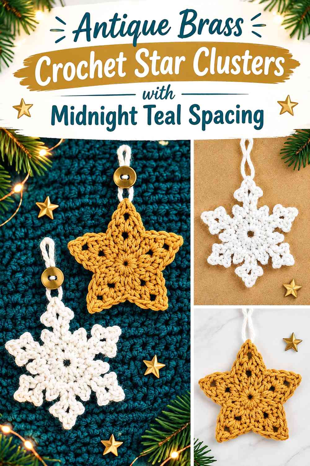 Antique Brass Crochet Star Clusters with Midnight Teal Spacing