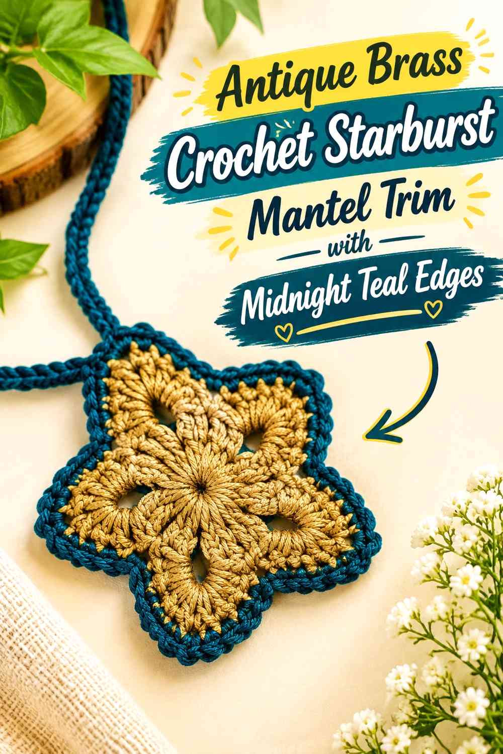 Antique Brass Crochet Starburst Mantel Trim with Midnight Teal Edges