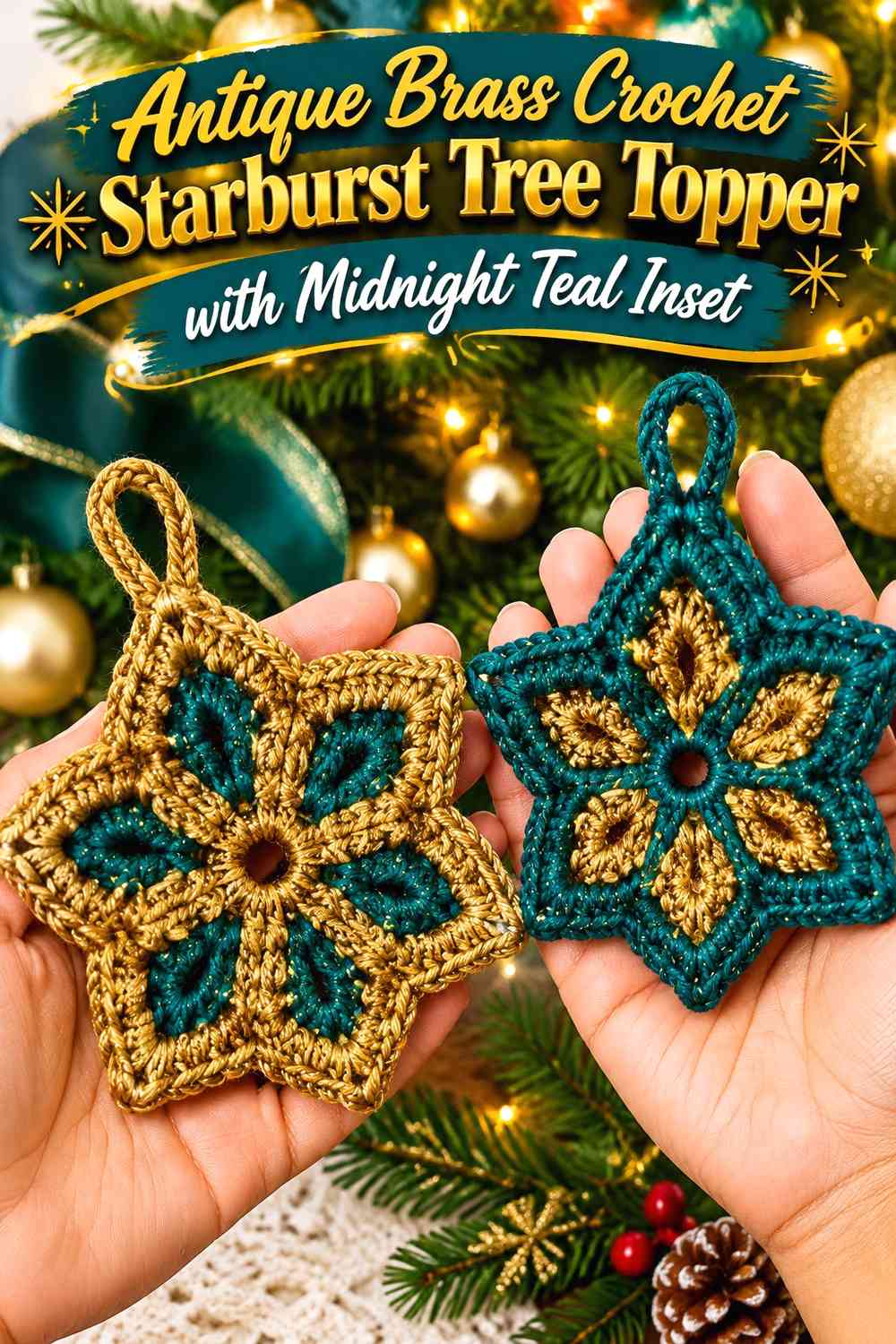 Antique Brass Crochet Starburst Tree Topper with Midnight Teal Inset