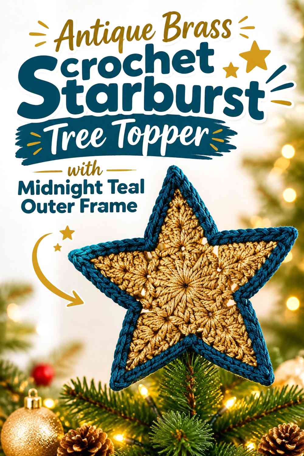 Antique Brass Crochet Starburst Tree Topper with Midnight Teal Outer Frame