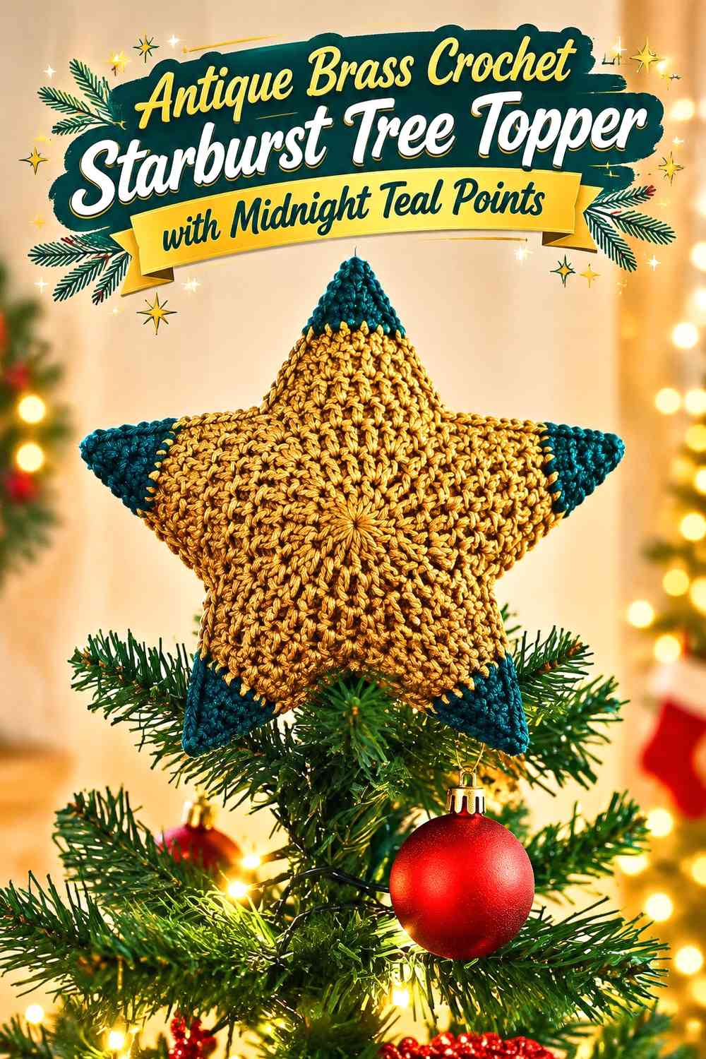 Antique Brass Crochet Starburst Tree Topper with Midnight Teal Points