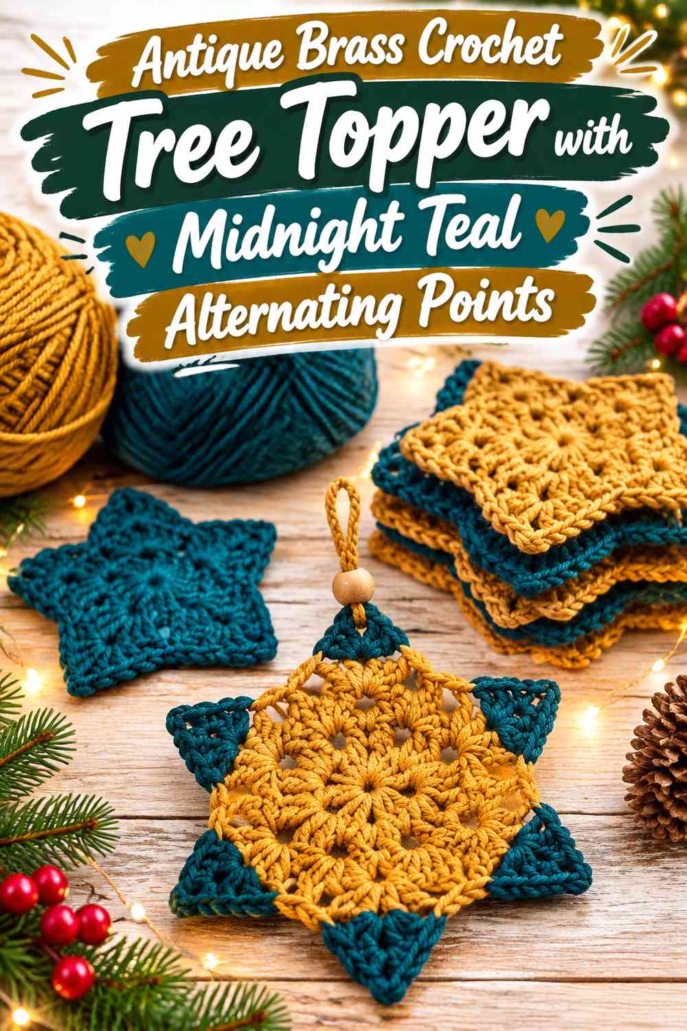 Antique Brass Crochet Tree Topper with Midnight Teal Alternating Points