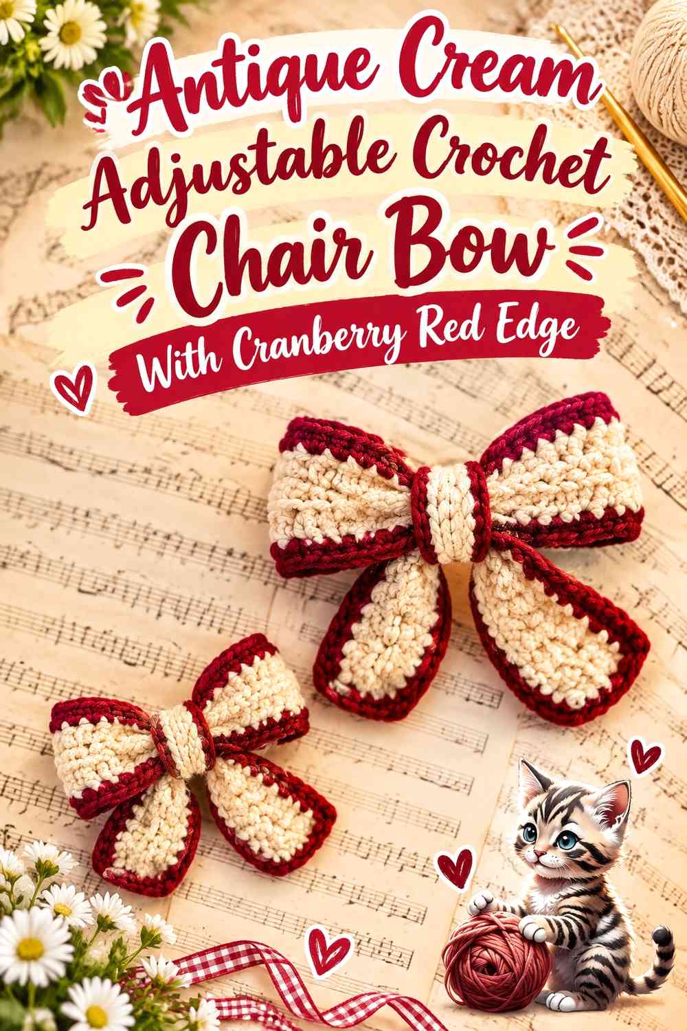 Antique Cream Adjustable Crochet Chair Bow With Cranberry Red Edge