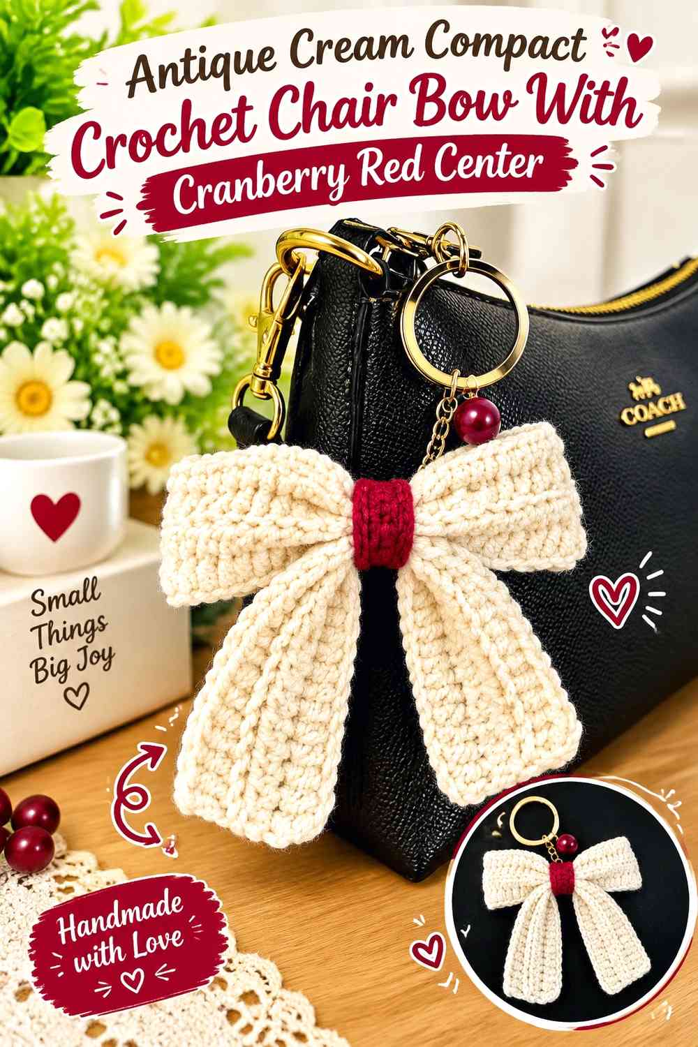 Antique Cream Compact Crochet Chair Bow With Cranberry Red Center