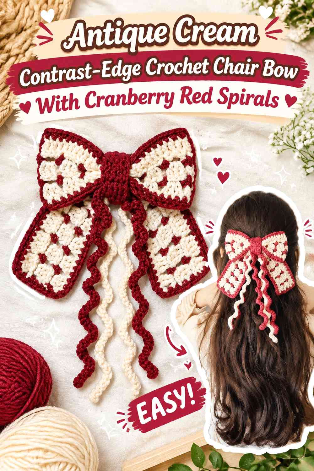 Antique Cream Contrast-Edge Crochet Chair Bow With Cranberry Red Spirals