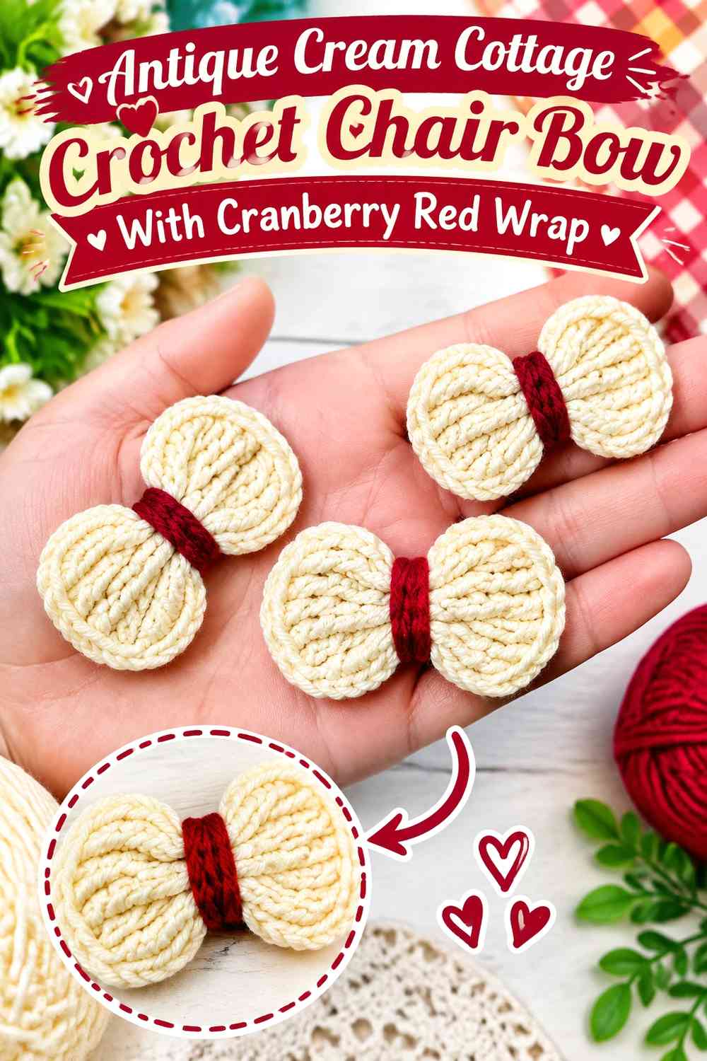 Antique Cream Cottage Crochet Chair Bow With Cranberry Red Wrap