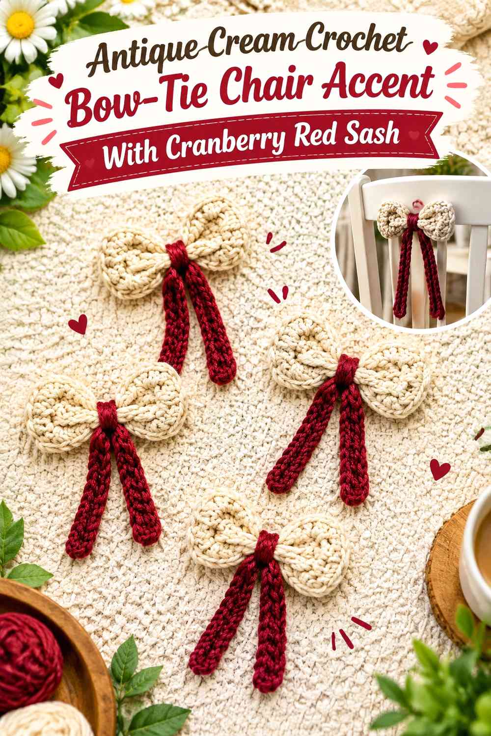 Antique Cream Crochet Bow-Tie Chair Accent With Cranberry Red Sash
