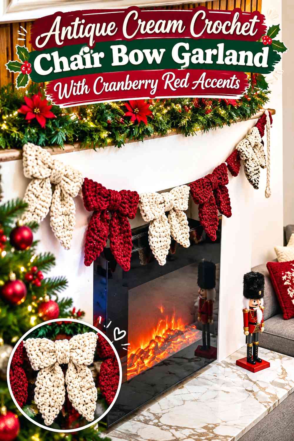 Antique Cream Crochet Chair Bow Garland With Cranberry Red Accents