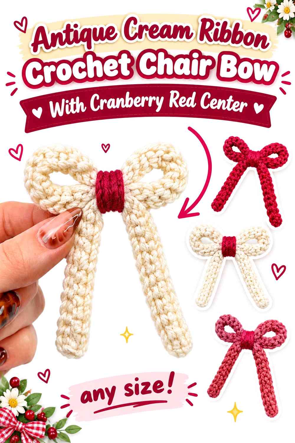 Antique Cream Ribbon Crochet Chair Bow With Cranberry Red Center