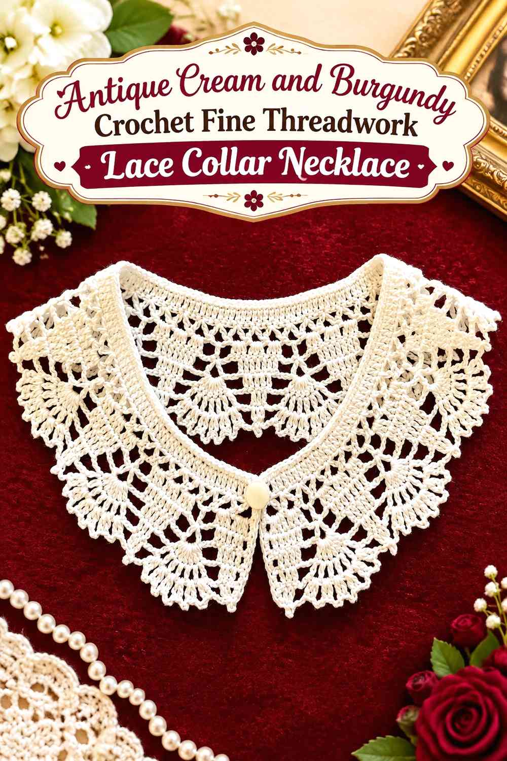 Antique Cream and Burgundy Crochet Fine Threadwork Lace Collar Necklace