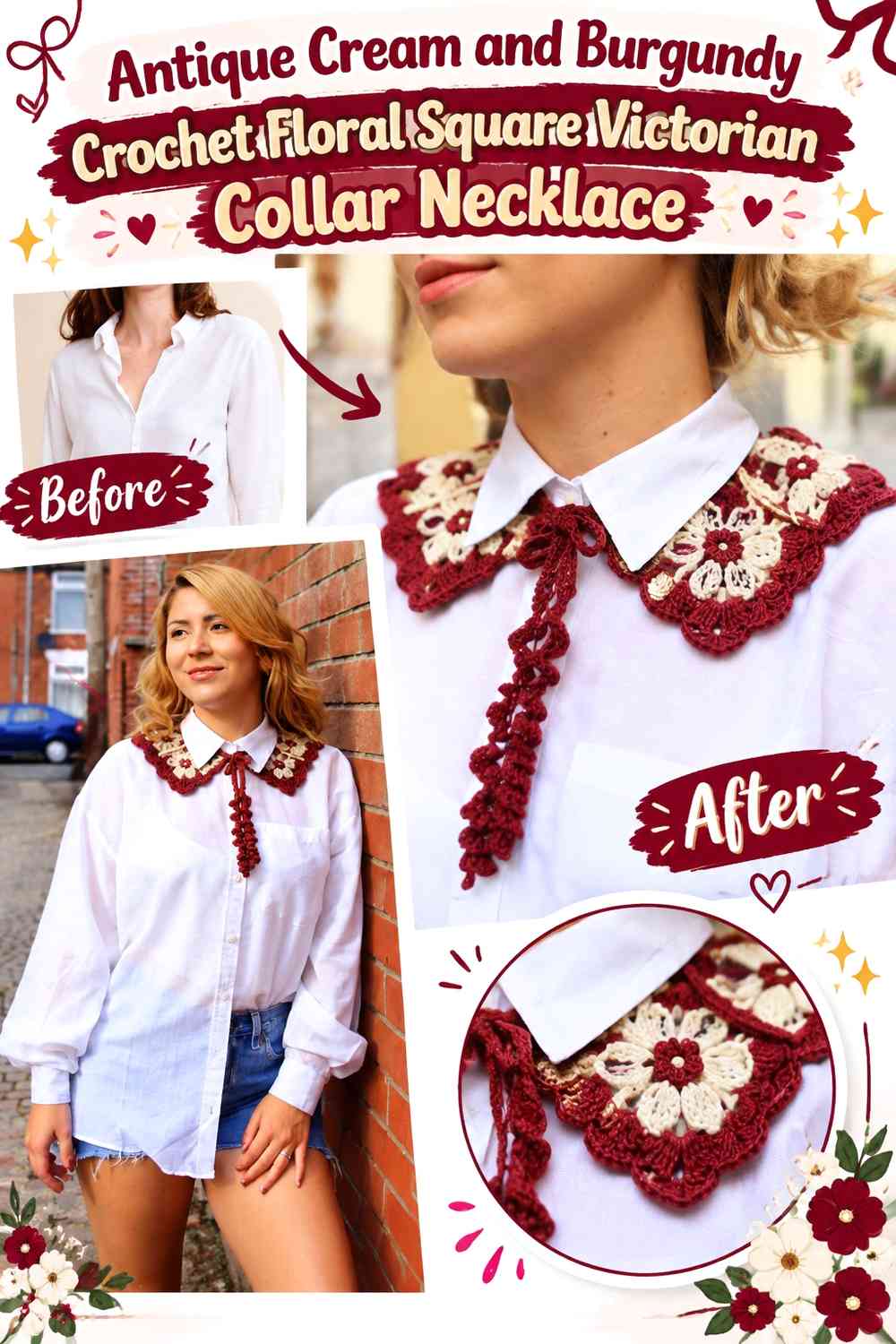 Antique Cream and Burgundy Crochet Floral Square Victorian Collar Necklace