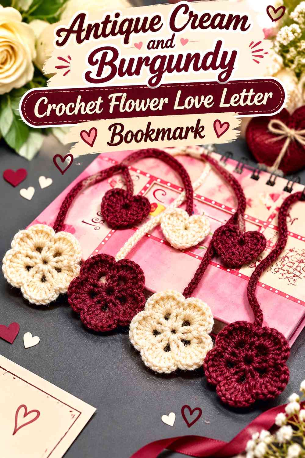 Antique Cream and Burgundy Crochet Flower Love Letter Bookmark