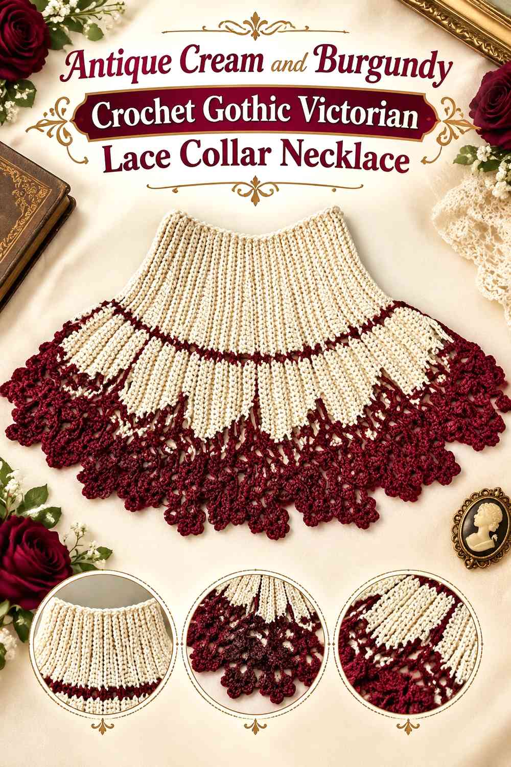 Antique Cream and Burgundy Crochet Gothic Victorian Lace Collar Necklace