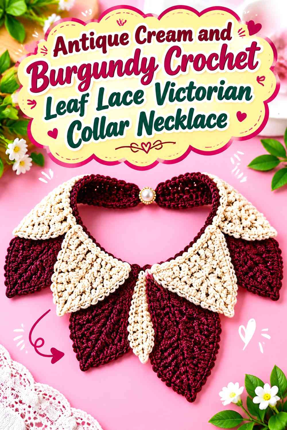 Antique Cream and Burgundy Crochet Leaf Lace Victorian Collar Necklace