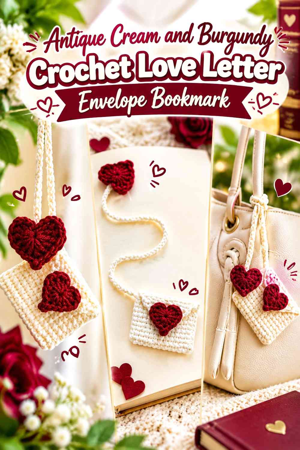 Antique Cream and Burgundy Crochet Love Letter Envelope Bookmark
