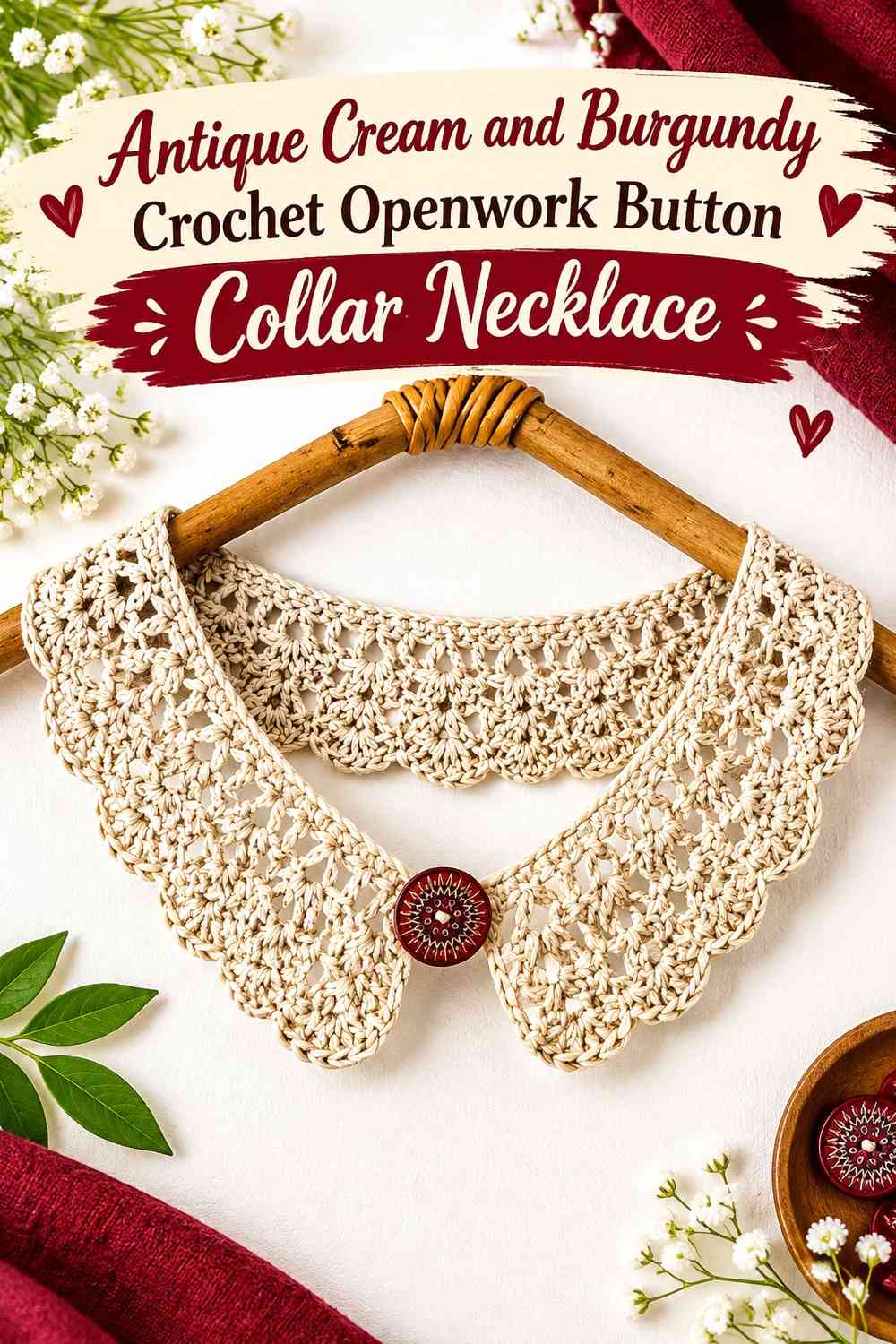 Antique Cream and Burgundy Crochet Openwork Button Collar Necklace
