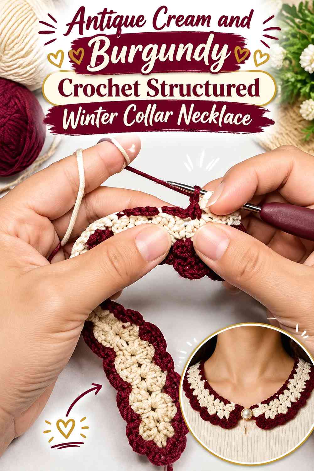 Antique Cream and Burgundy Crochet Structured Winter Collar Necklace