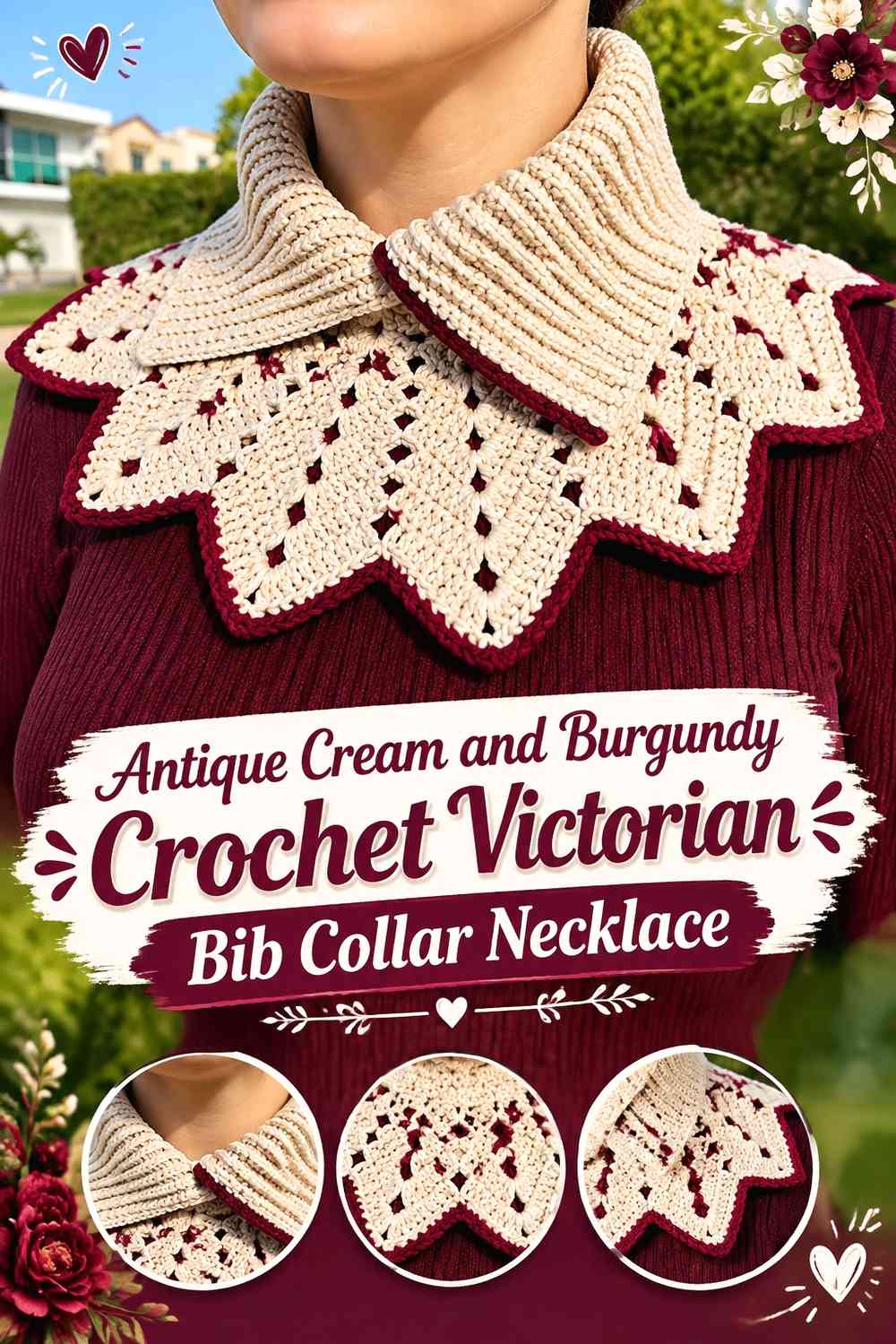 Antique Cream and Burgundy Crochet Victorian Bib Collar Necklace