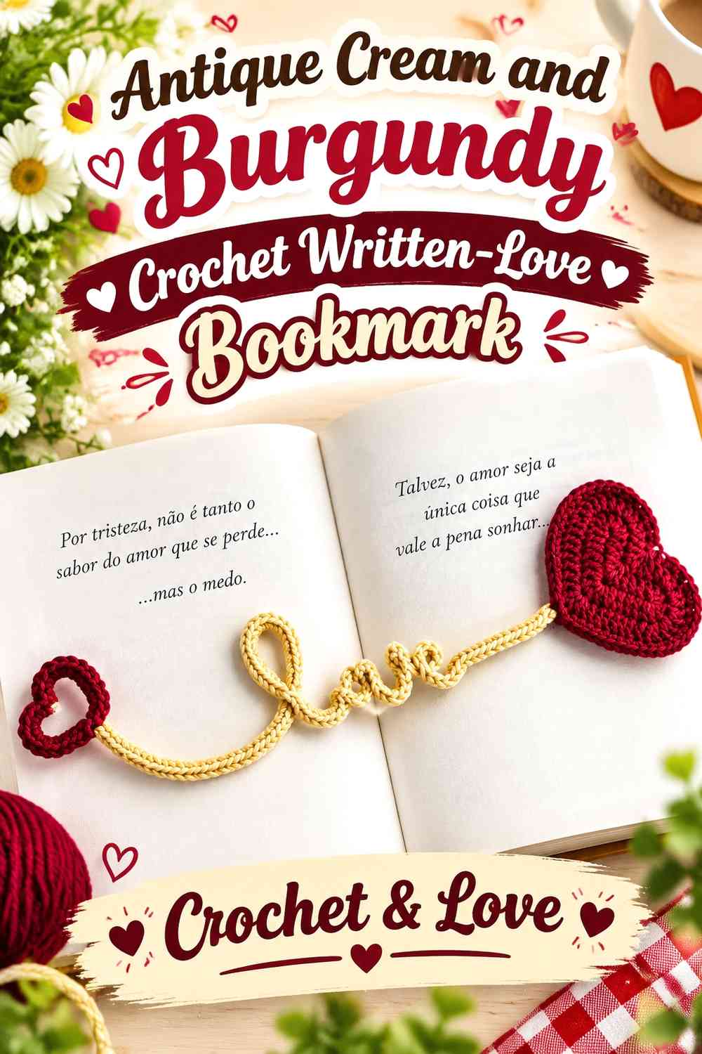Antique Cream and Burgundy Crochet Written-Love Bookmark