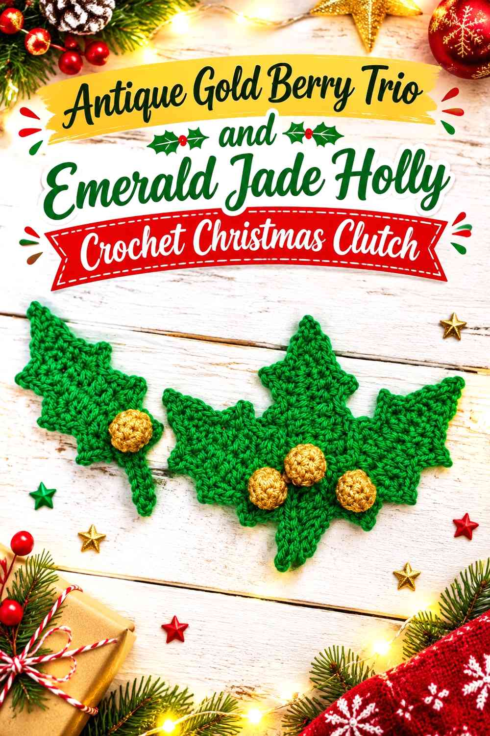 Antique Gold Berry Trio and Emerald Jade Holly Crochet Christmas Clutch