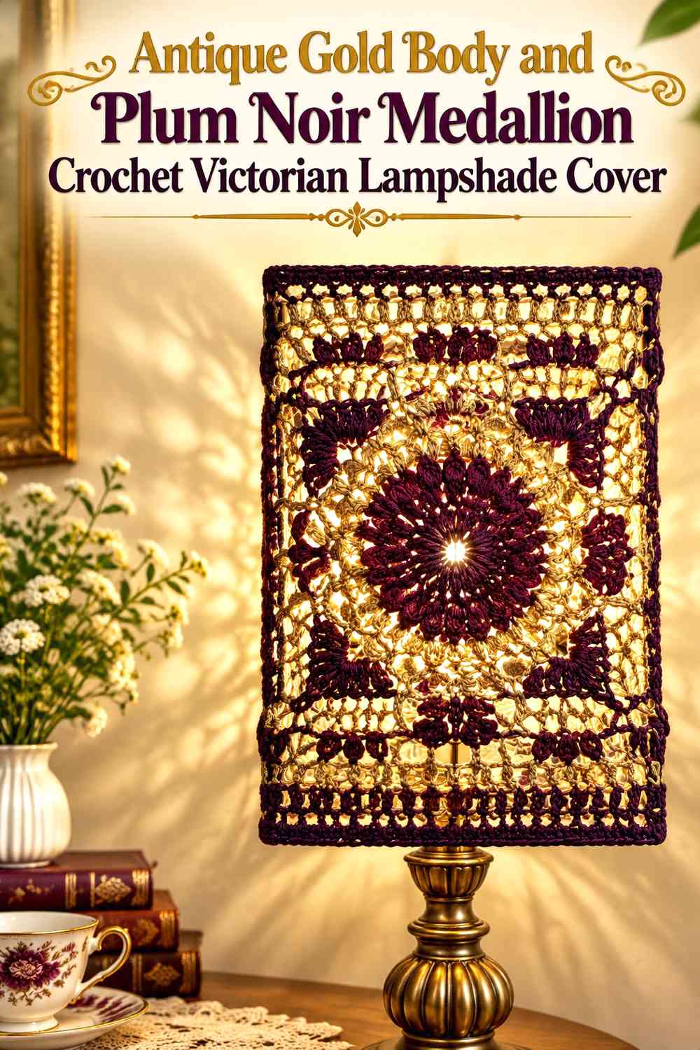 Antique Gold Body and Plum Noir Medallion Crochet Victorian Lampshade Cover