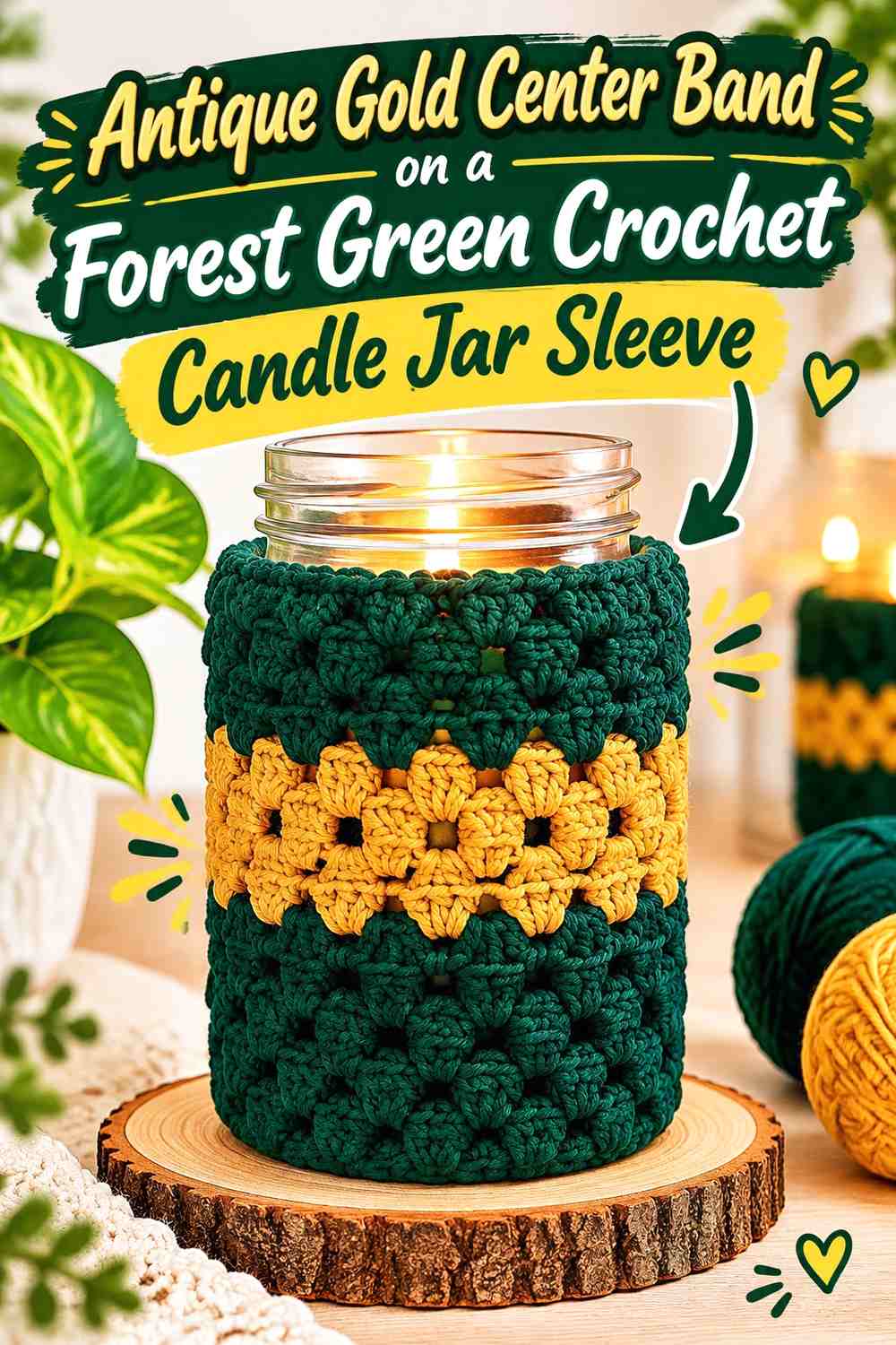 Antique Gold Center Band on a Forest Green Crochet Candle Jar Sleeve