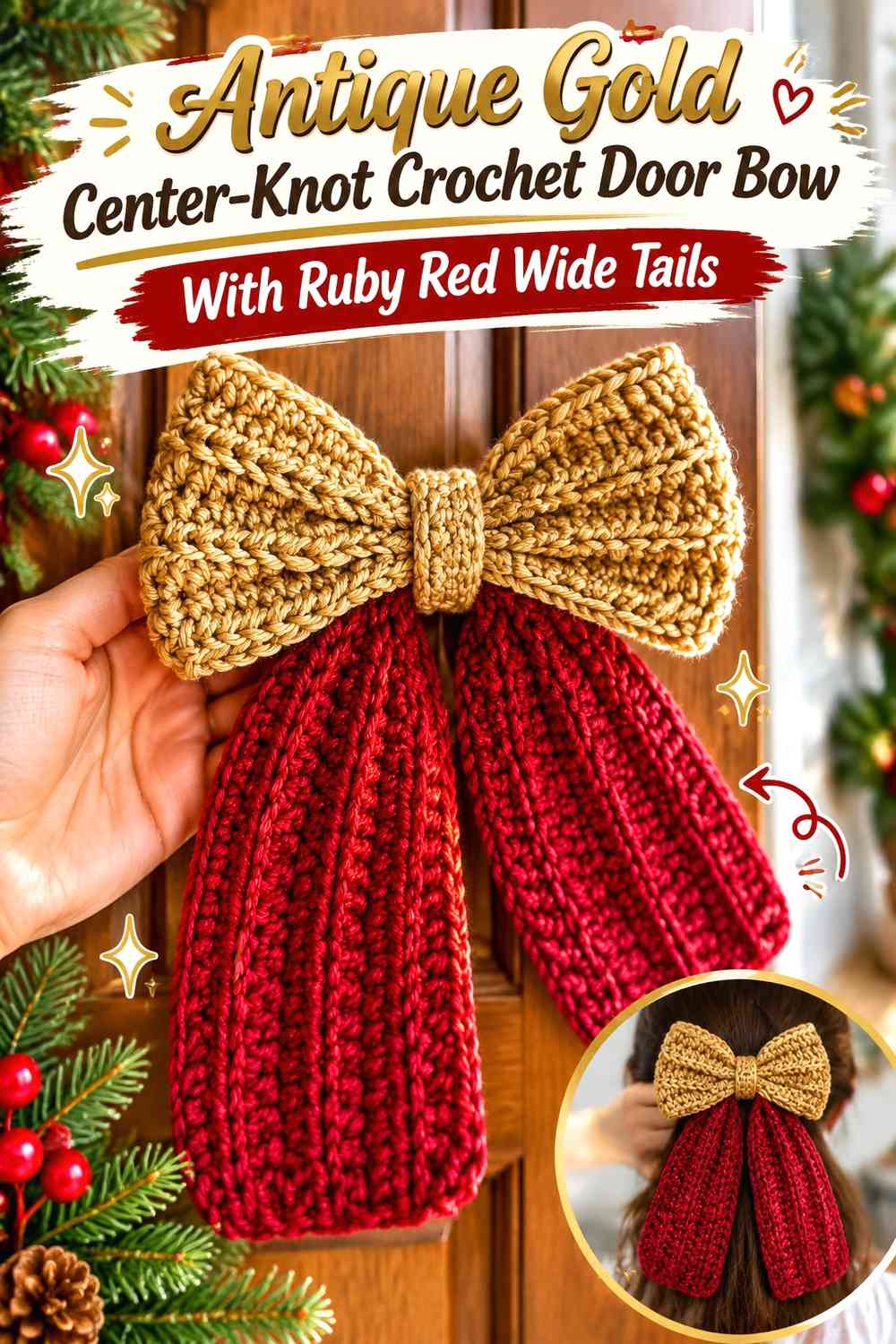 Antique Gold Center-Knot Crochet Door Bow With Ruby Red Wide Tails
