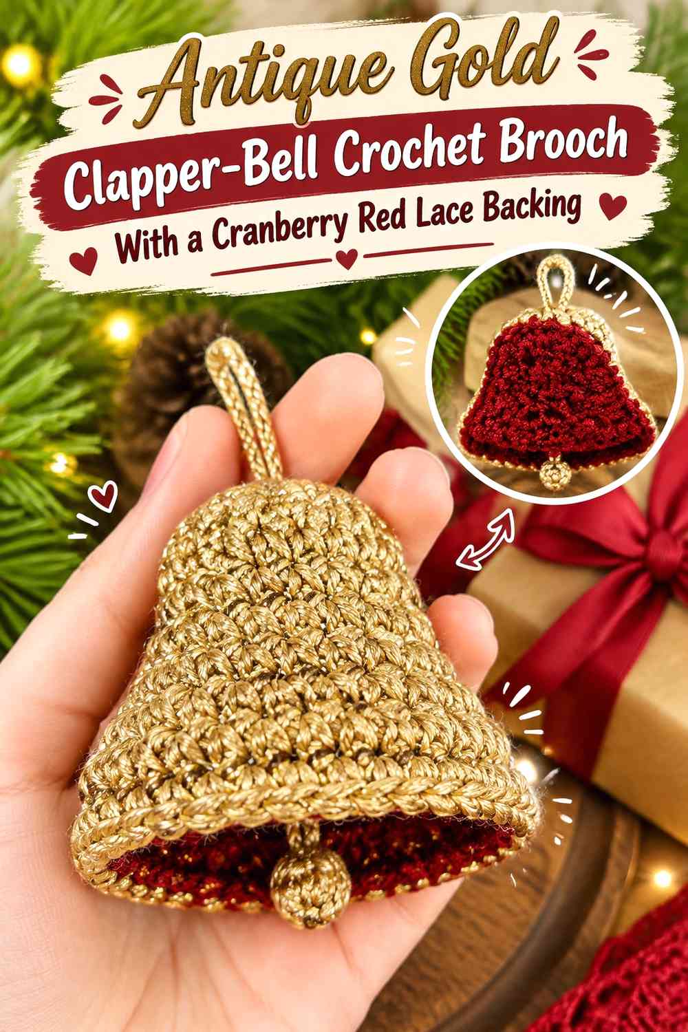 Antique Gold Clapper-Bell Crochet Brooch With a Cranberry Red Lace Backing