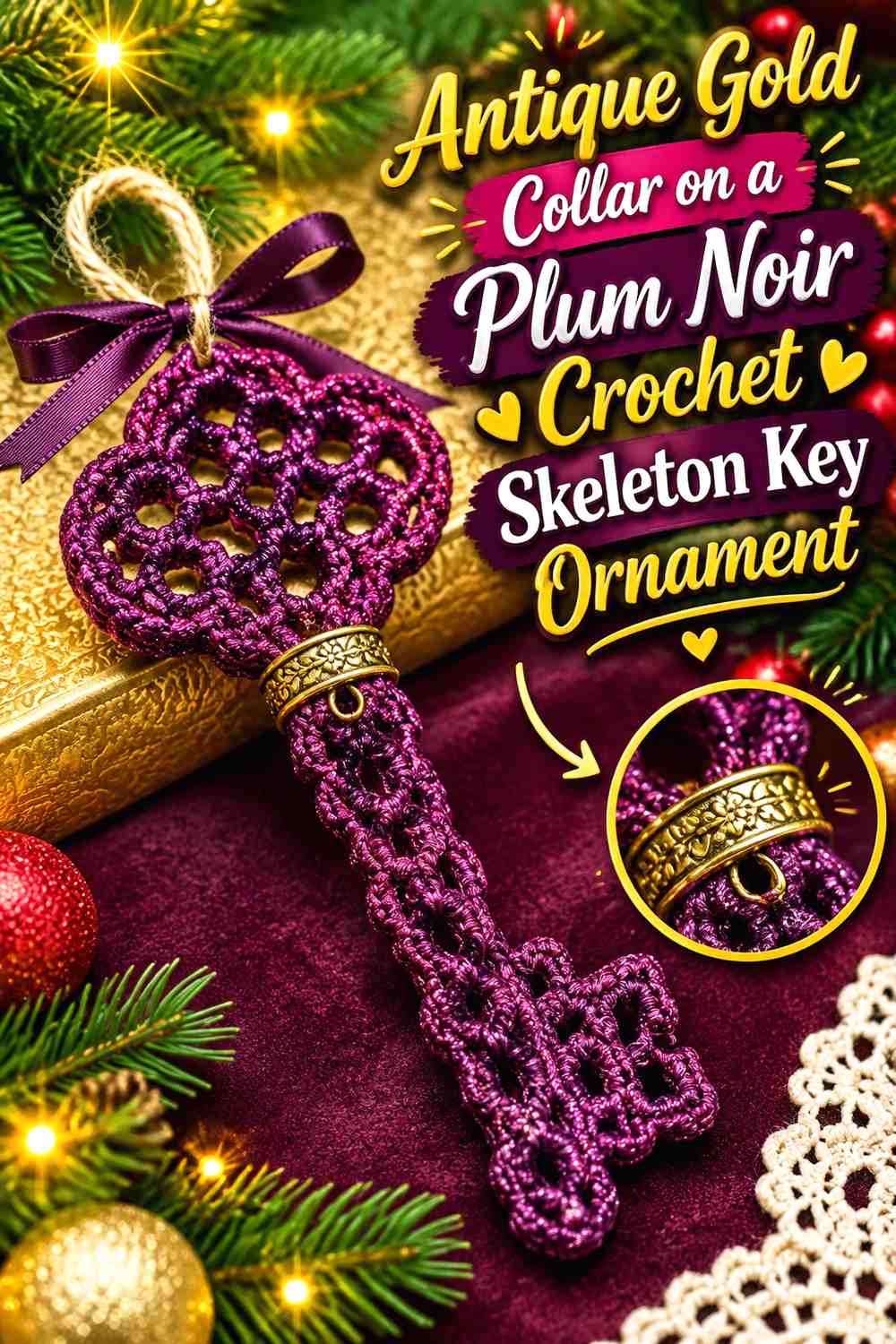 Antique Gold Collar on a Plum Noir Crochet Skeleton Key Ornament
