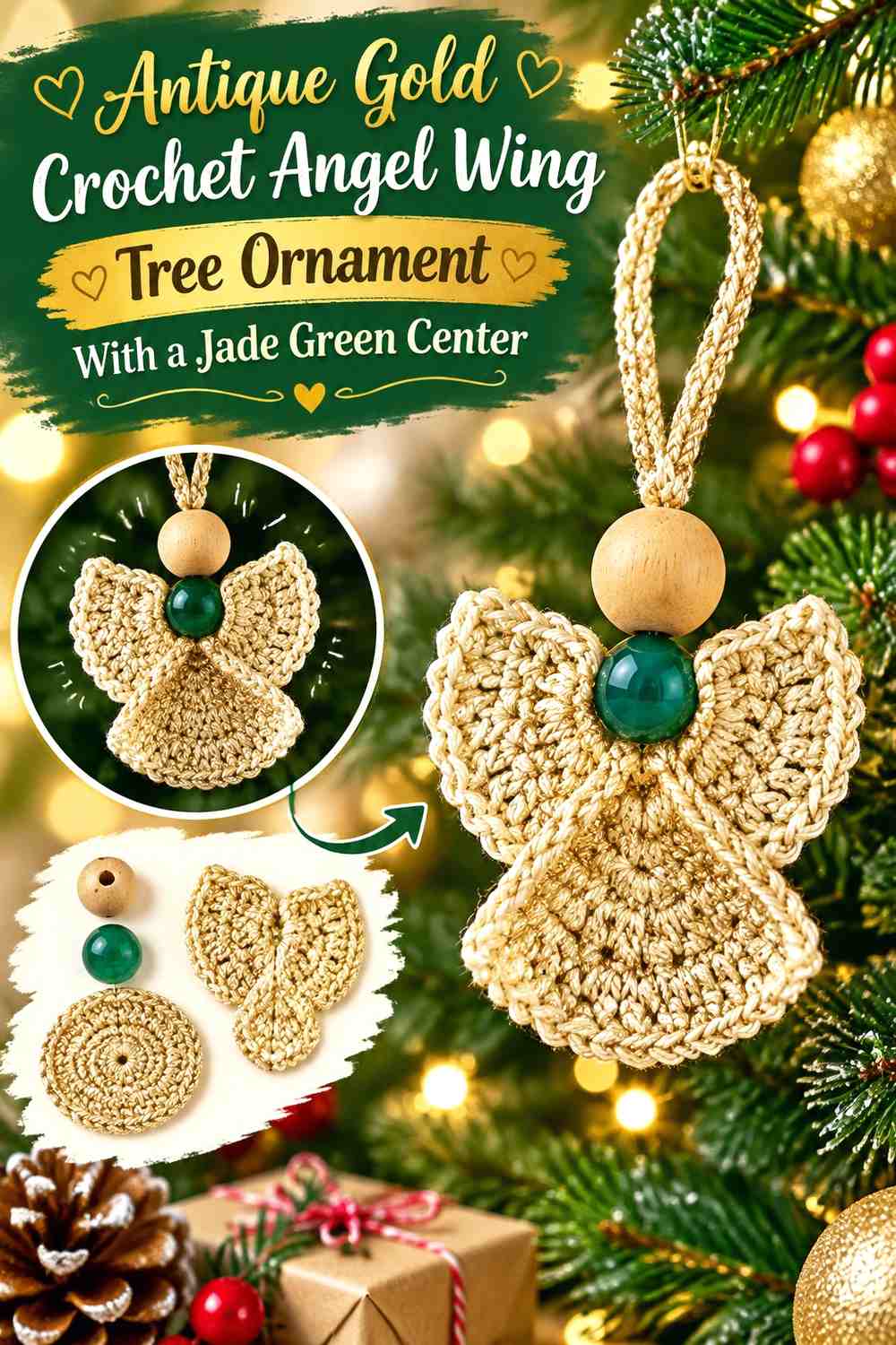 Antique Gold Crochet Angel Wing Tree Ornament With a Jade Green Center