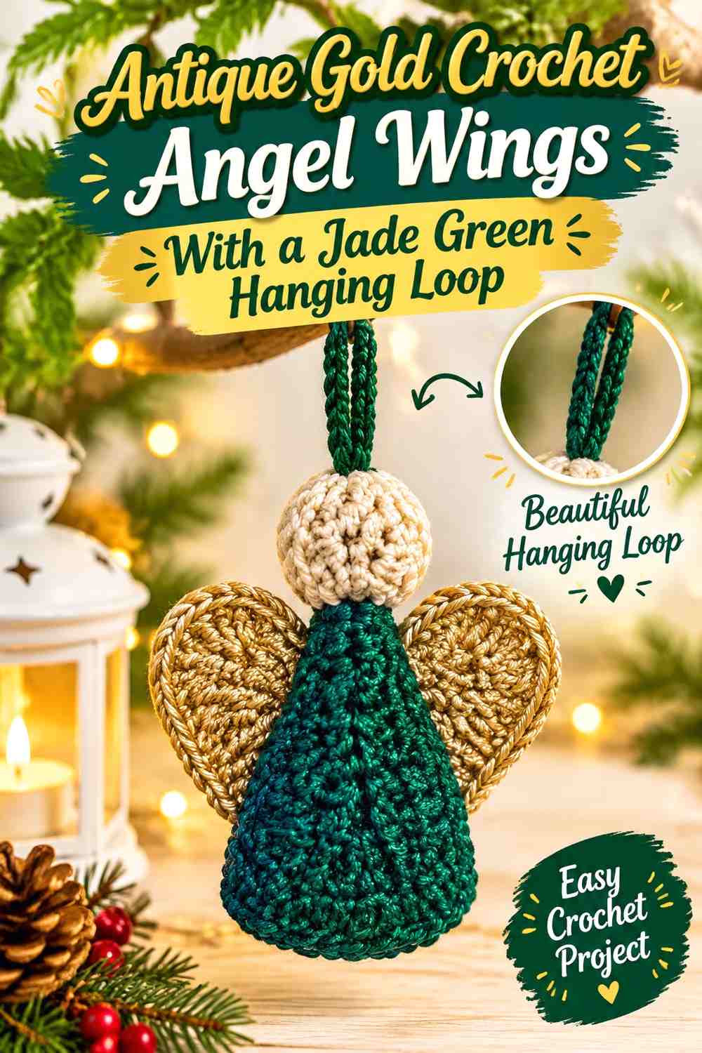 Antique Gold Crochet Angel Wings With a Jade Green Hanging Loop