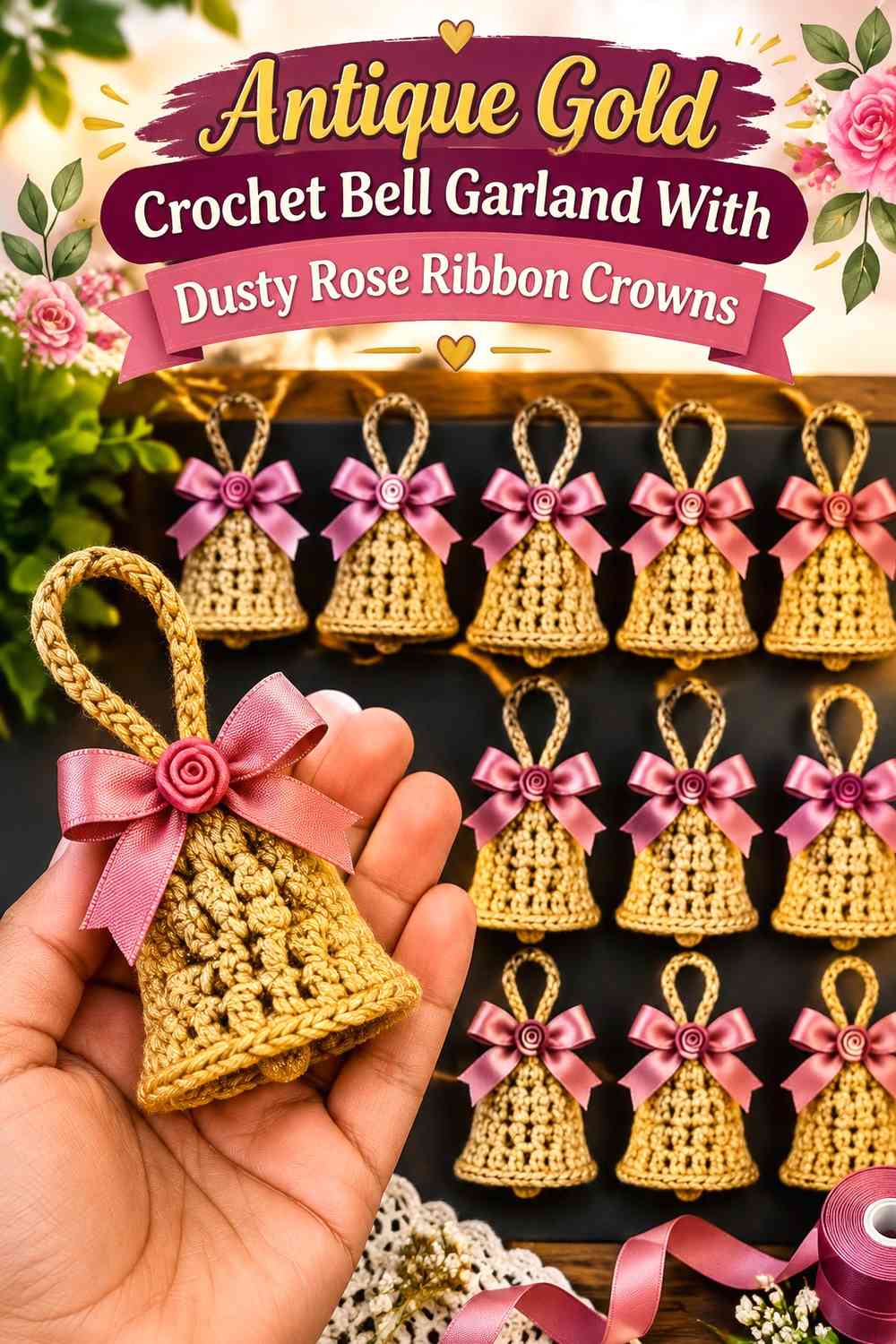 Antique Gold Crochet Bell Garland With Dusty Rose Ribbon Crowns