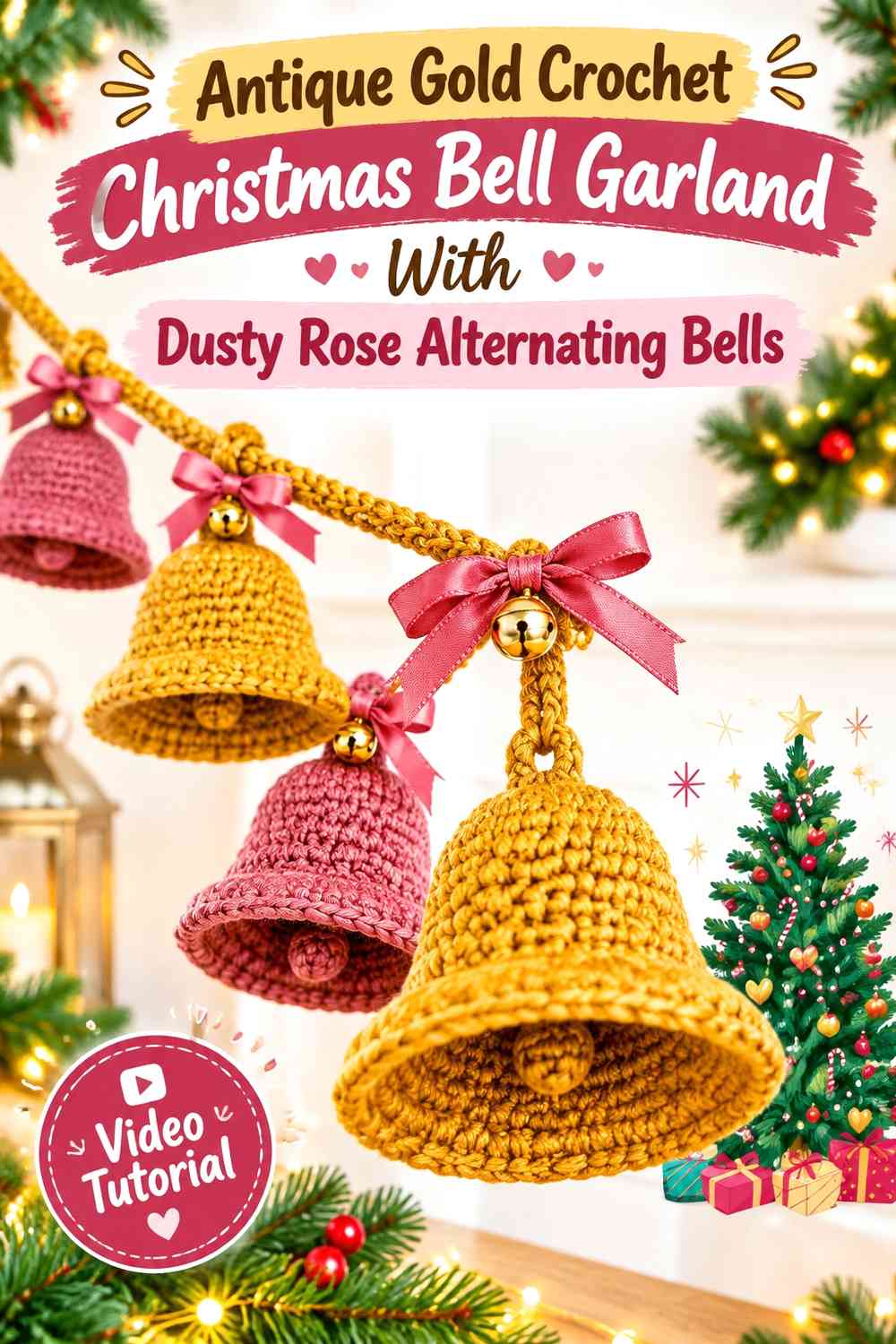 Antique Gold Crochet Christmas Bell Garland With Dusty Rose Alternating Bells