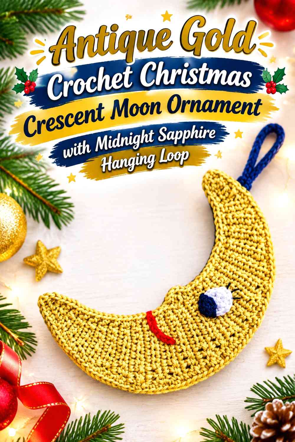 Antique Gold Crochet Christmas Crescent Moon Ornament with Midnight Sapphire Hanging Loop