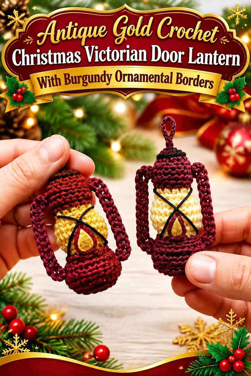 Antique Gold Crochet Christmas Victorian Door Lantern With Burgundy Ornamental Borders