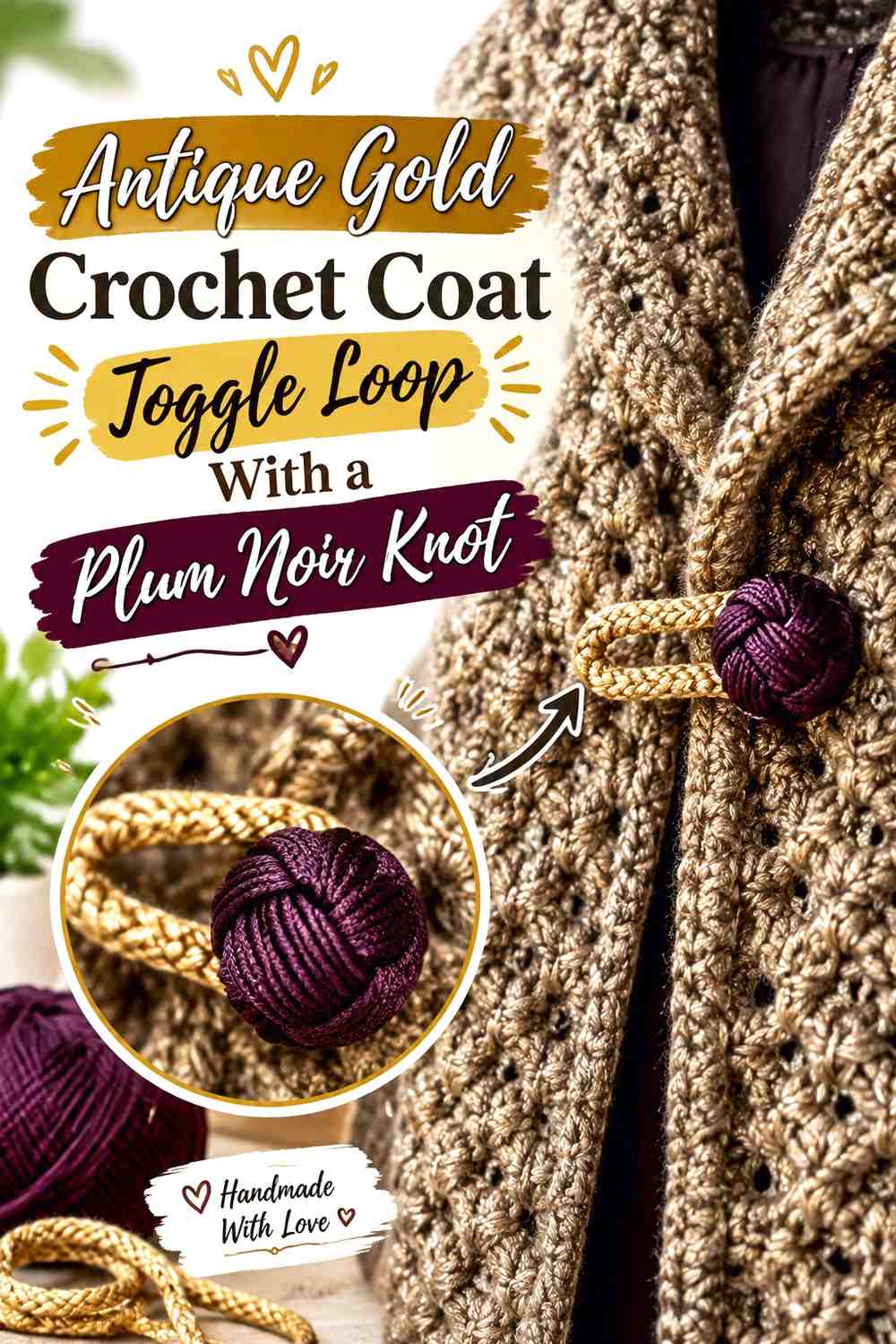 Antique Gold Crochet Coat Toggle Loop With a Plum Noir Knot