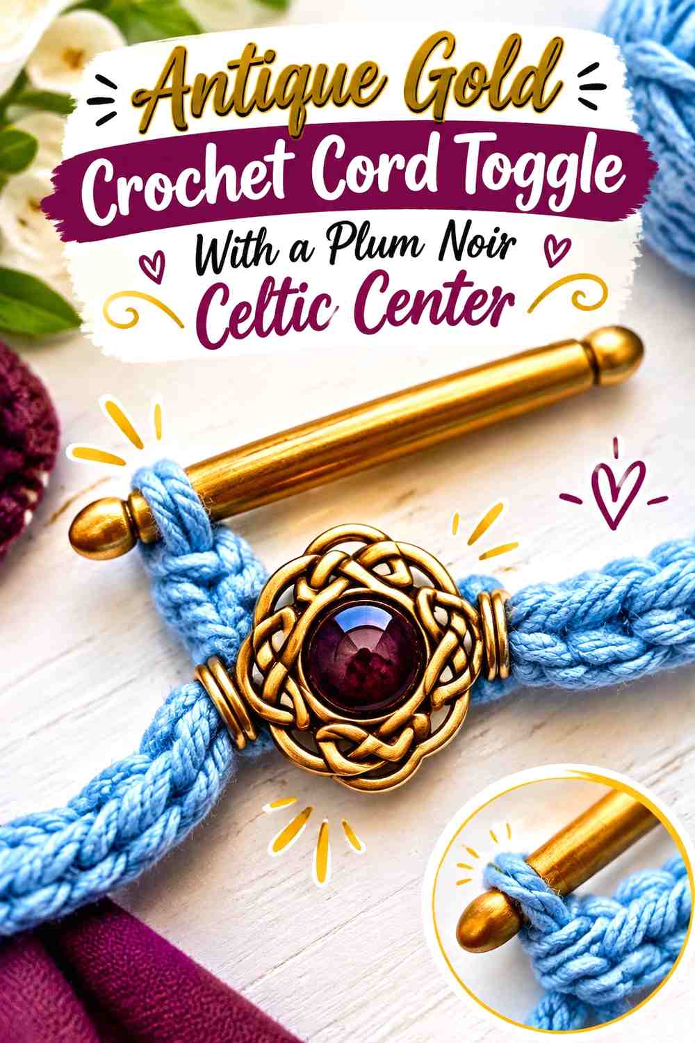 Antique Gold Crochet Cord Toggle With a Plum Noir Celtic Center