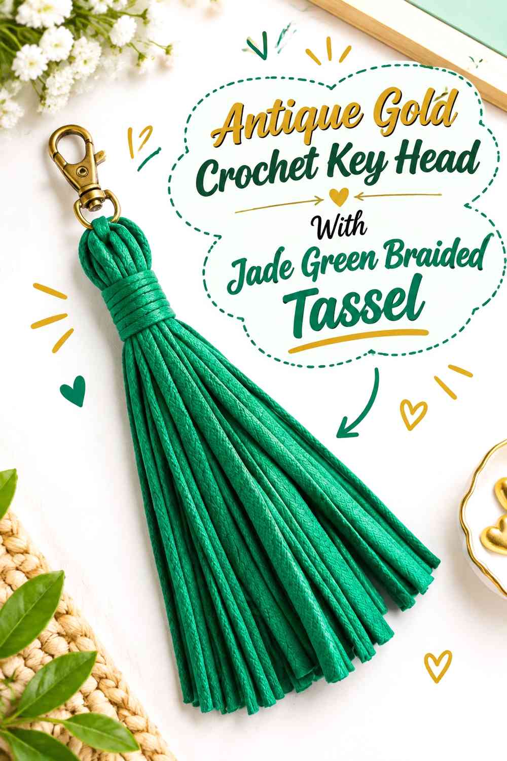 Antique Gold Crochet Key Head With Jade Green Braided Tassel
