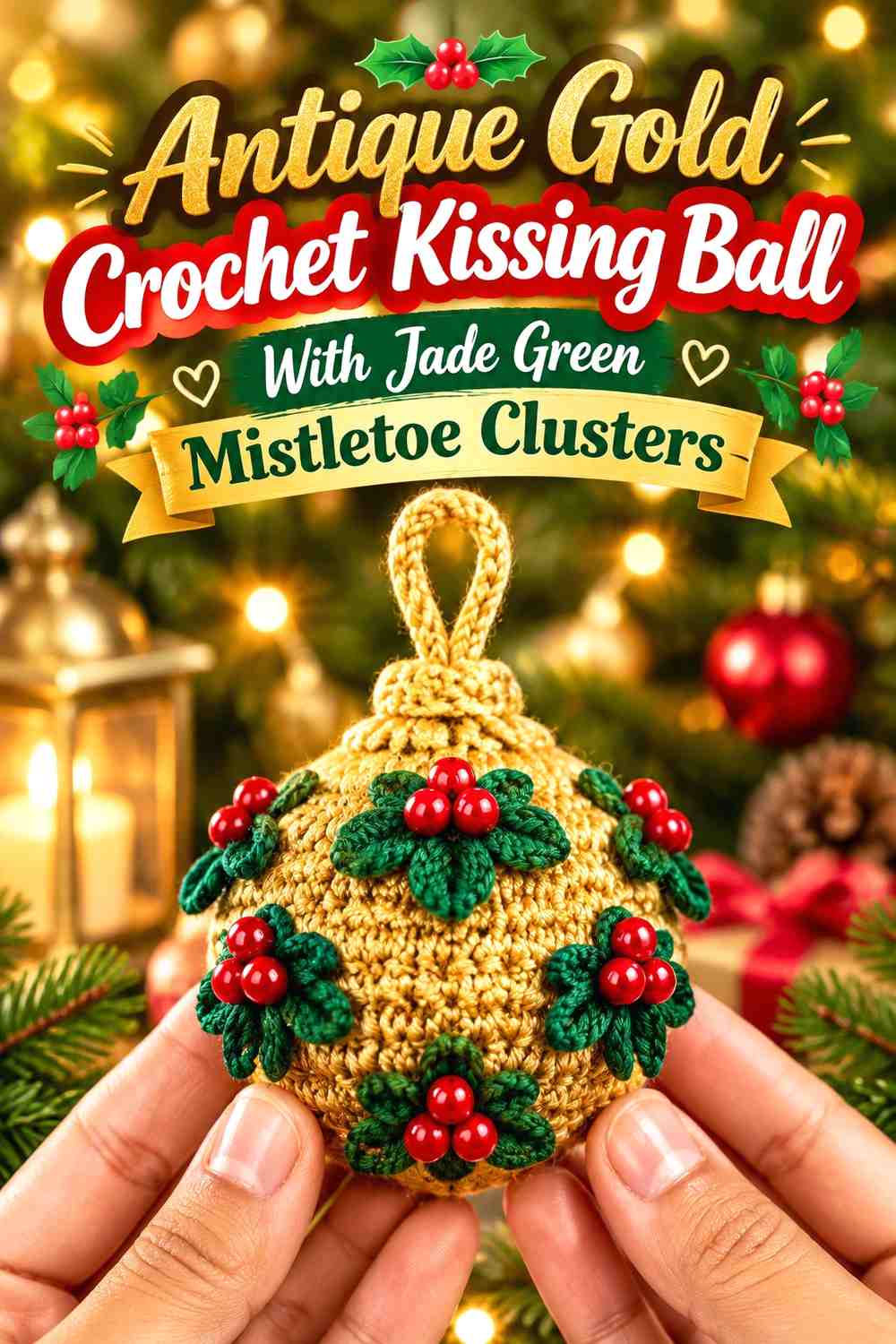 Antique Gold Crochet Kissing Ball With Jade Green Mistletoe Clusters