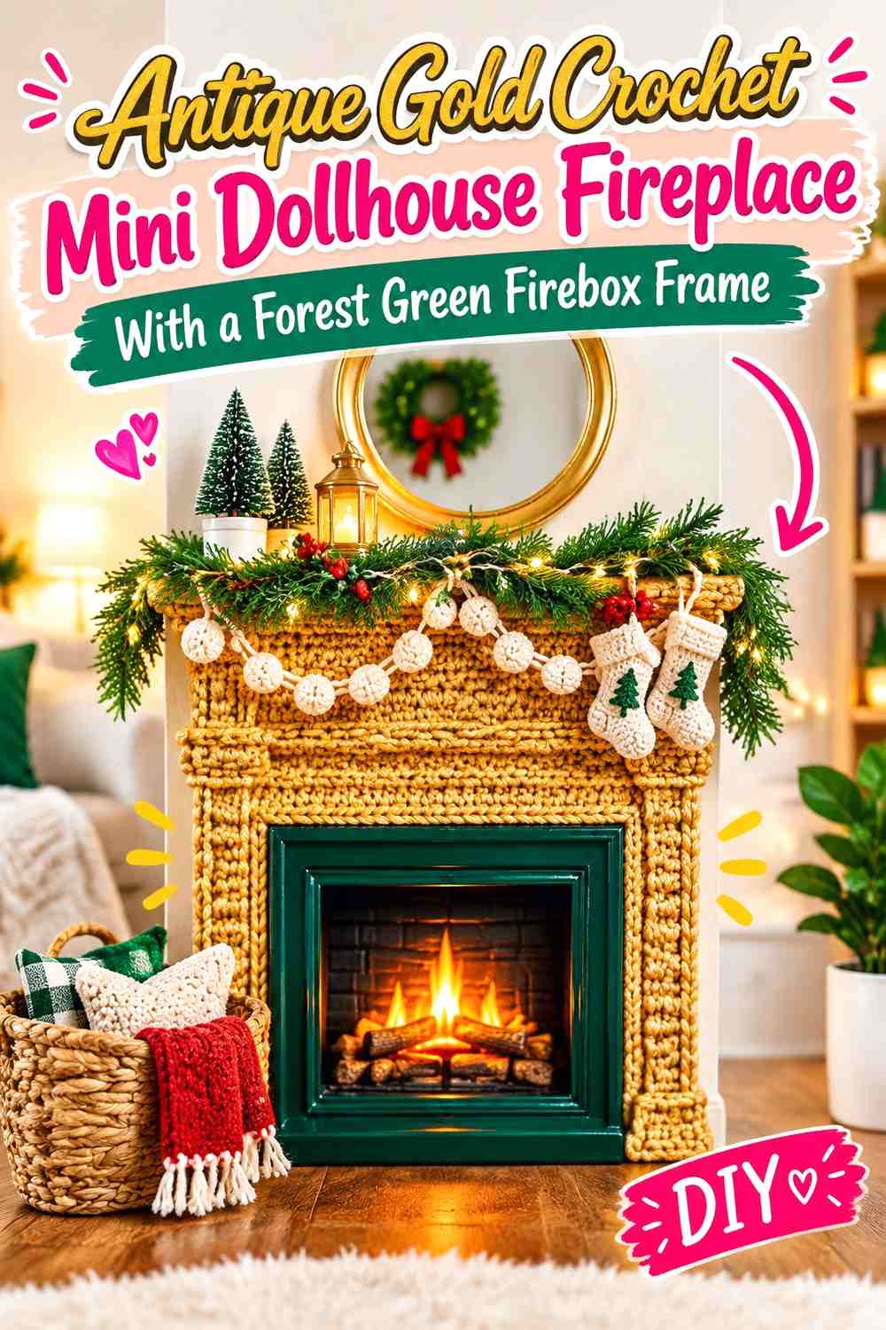 Antique Gold Crochet Mini Dollhouse Fireplace With a Forest Green Firebox Frame