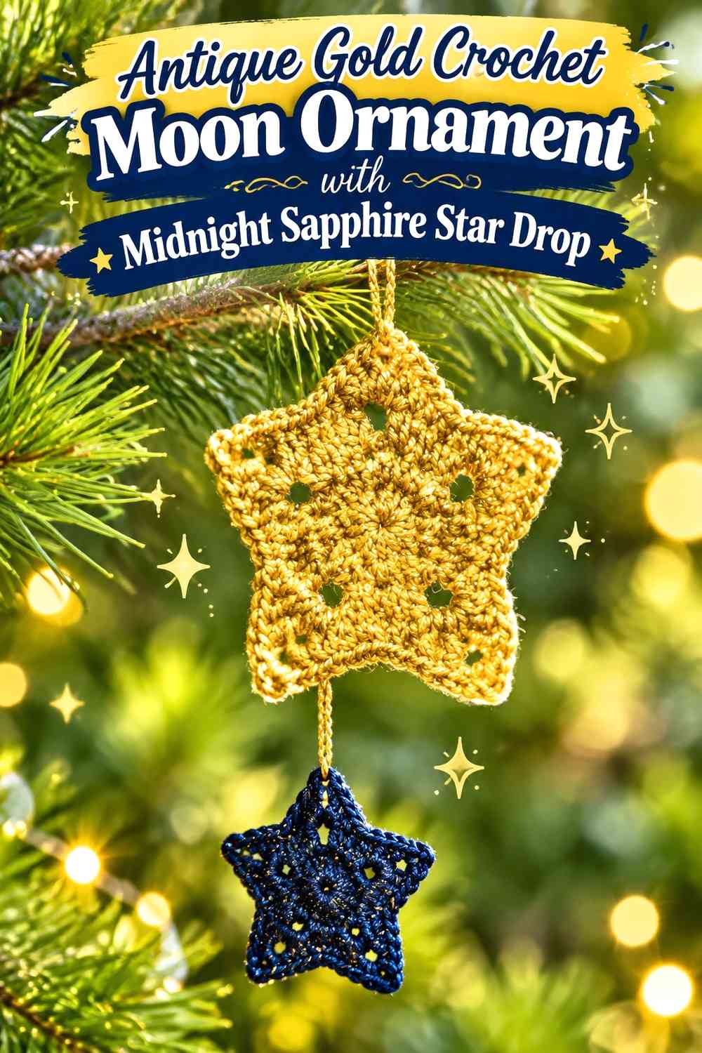 Antique Gold Crochet Moon Ornament with Midnight Sapphire Star Drop