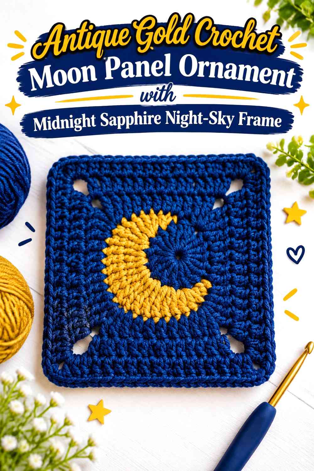 Antique Gold Crochet Moon Panel Ornament with Midnight Sapphire Night-Sky Frame