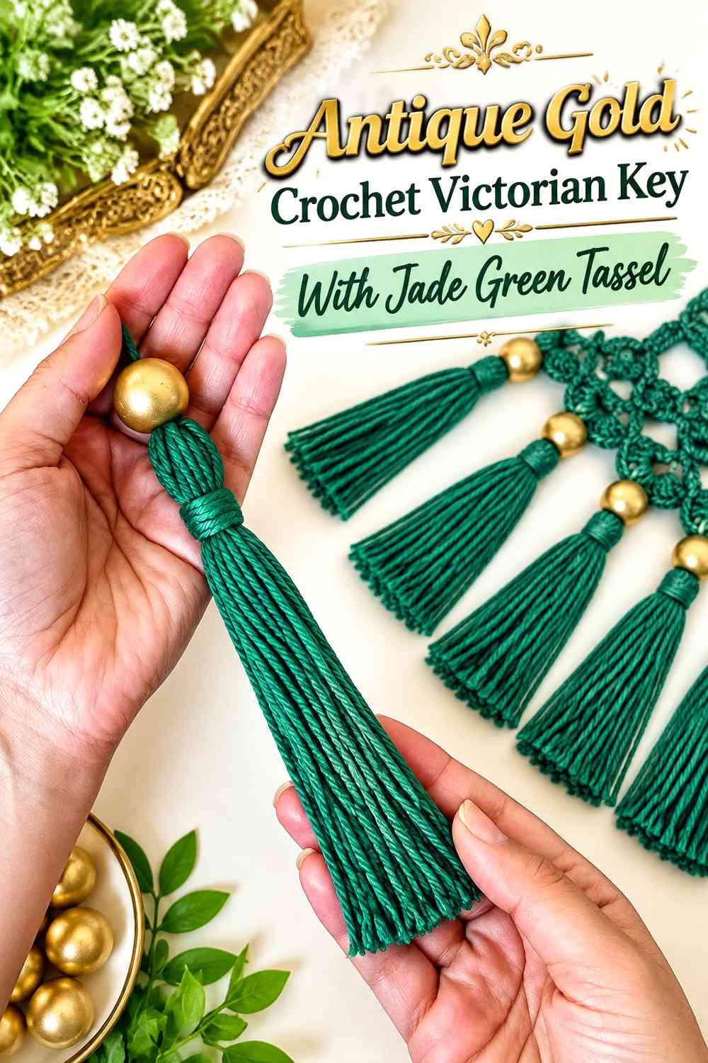 Antique Gold Crochet Victorian Key With Jade Green Tassel