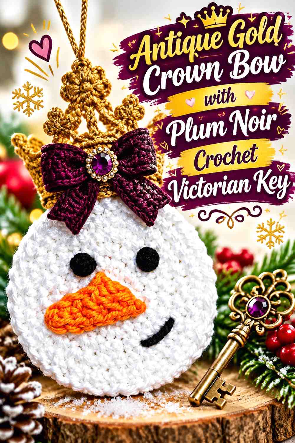 Antique Gold Crown Bow with Plum Noir Crochet Victorian Key