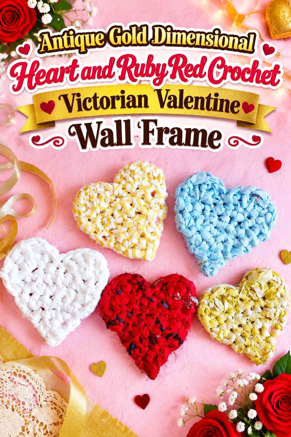 Antique Gold Dimensional Heart and Ruby Red Crochet Victorian Valentine Wall Frame