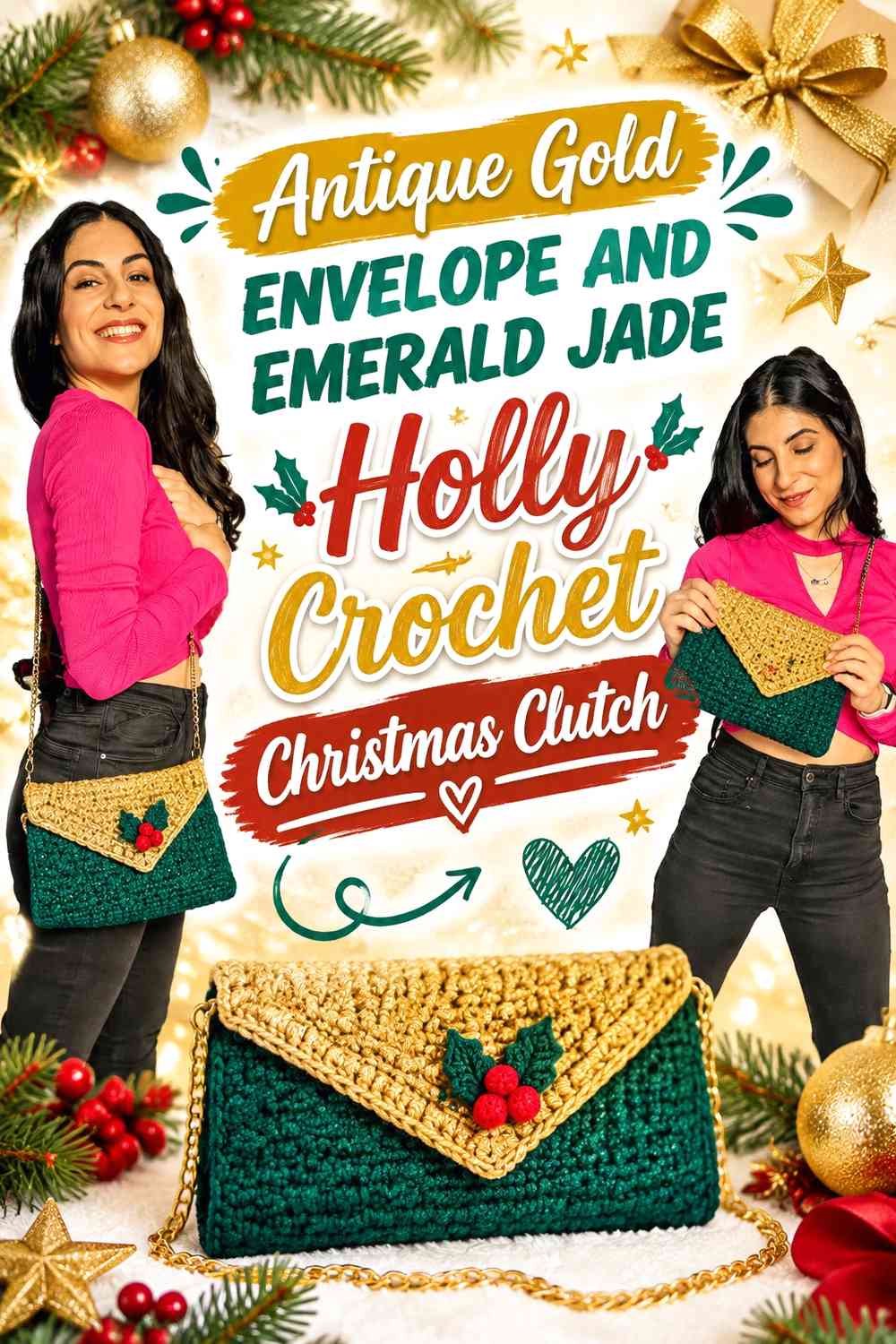 Antique Gold Envelope and Emerald Jade Holly Crochet Christmas Clutch