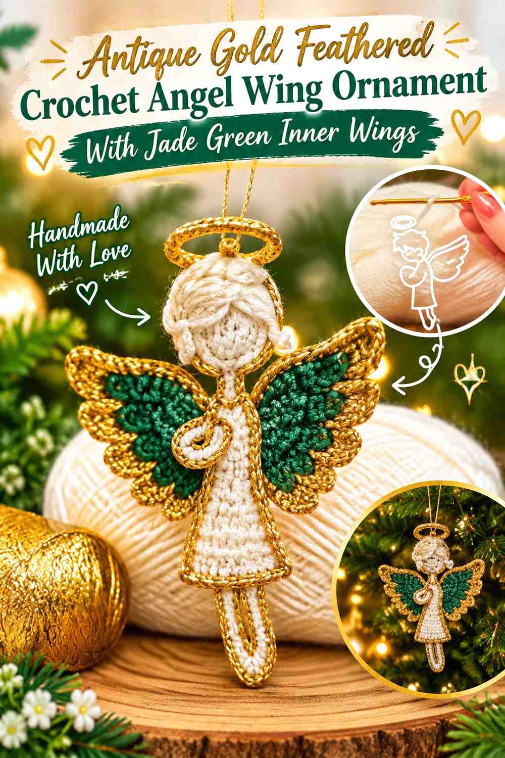 Antique Gold Feathered Crochet Angel Wing Ornament With Jade Green Inner Wings
