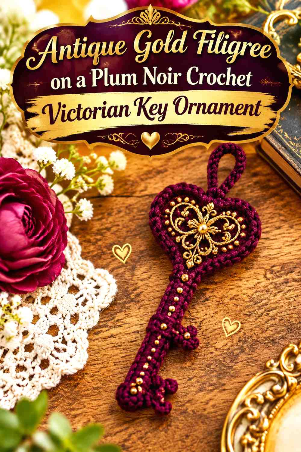 Antique Gold Filigree on a Plum Noir Crochet Victorian Key Ornament
